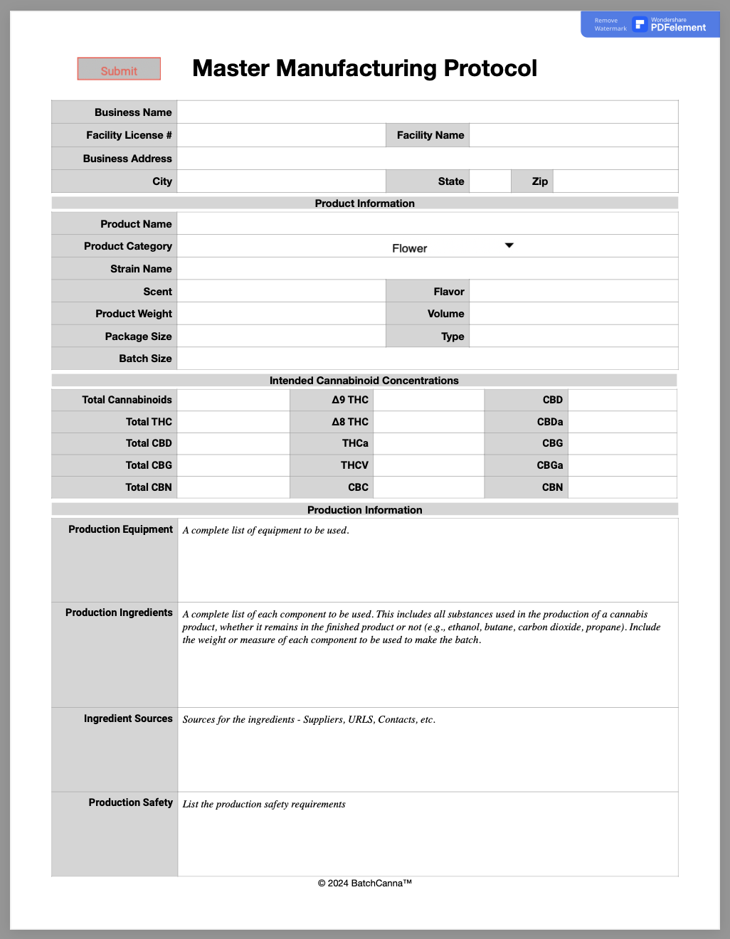 Master Manufacturing Protocol Form